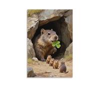 NPEJLCIGH A Groundhog Pokes Its Head Out of The Cave, Holding A Clover in Its Mouth, Followed by A String of Little Groundhogs Modern Hanging Wall Decor - Artistic Mural Print24x36inch(60x90cm)