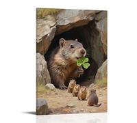 NPEJLCIGH A Groundhog Pokes Its Head Out of The Cave, Holding A Clover in Its Mouth, Followed by A String of Little Groundhogs Modern Hanging Wall Decor - Artistic Mural Print16x24inch(40x60cm)