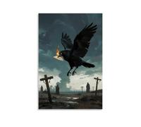 NPEJLCIGH A One-eyed Crow with A Burning Letter in Its Beak, Flying over A Wasteland of Gallows, Dark Clouds Rolling Modern Hanging Wall Decor - Artistic Mural Print20x30inch(50x75cm)
