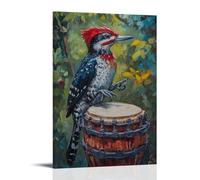 NPEJLCIGH Animal Oil Painting- A Woodpecker Drumming A Rhythm in A Musical Performance Challenge. Modern Hanging Wall Decor - Artistic Mural Print08x12inch(20x30cm)