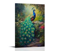 NPEJLCIGH Animal Oil Painting - Colorful Peacock Displaying Iridescent Feathers in Lush Garden Setting Modern Hanging Wall Decor - Artistic Mural Print20x30inch(50x75cm)