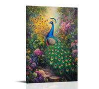 NPEJLCIGH Animal Oil Painting - Colorful Peacock Displaying Vibrant Feathers in A Lush Garden Setting Modern Hanging Wall Decor - Artistic Mural Print12x18inch(30x45cm)