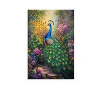 NPEJLCIGH Animal Oil Painting - Colorful Peacock Displaying Vibrant Feathers in A Lush Garden Setting Modern Hanging Wall Decor - Artistic Mural Print12x18inch(30x45cm)