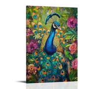 NPEJLCIGH Animal Oil Painting - Colorful Peacock Displaying Vibrant Feathers in Lush Garden Setting Modern Hanging Wall Decor - Artistic Mural Print08x12inch(20x30cm)
