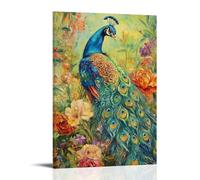 NPEJLCIGH Animal Oil Painting - Colorful Peacock Displaying Vibrant Feathers in Lush Garden with Blooming Flowers Modern Hanging Wall Decor - Artistic Mural Print16x24inch(40x60cm)