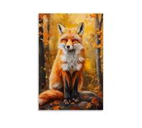 NPEJLCIGH Animal Oil Painting - Curious Red Fox in Autumn Forest with Vibrant Fall Colors And Soft Focus Background Modern Hanging Wall Decor - Artistic Mural Print08x12inch(20x30cm)