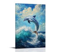 NPEJLCIGH Animal Oil Painting - Graceful Dolphin Dance- A Playful Dolphin Leaping through Turquoise Waves Under A Radiant Blue Sky Modern Hanging Wall Decor - Artistic Mural Print24x36inch(60x90cm)