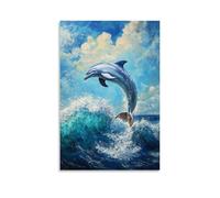 NPEJLCIGH Animal Oil Painting - Graceful Dolphin Dance- A Playful Dolphin Leaping through Turquoise Waves Under A Radiant Blue Sky Modern Hanging Wall Decor - Artistic Mural Print24x36inch(60x90cm)
