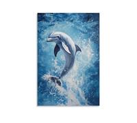 NPEJLCIGH Animal Oil Painting- Graceful Dolphin Dance - Capturing The Playful Elegance of Marine Life in Deep Blue Waters Modern Hanging Wall Decor - Artistic Mural Print12x18inch(30x45cm)