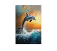 NPEJLCIGH Animal Oil Painting - Graceful Dolphin Dance- Playful Marine Mammals Leaping Through Turquoise Waves at Sunset Modern Hanging Wall Decor - Artistic Mural Print16x24inch(40x60cm)