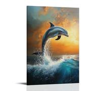 NPEJLCIGH Animal Oil Painting - Graceful Dolphin Dance- Playful Marine Mammals Leaping Through Turquoise Waves at Sunset Modern Hanging Wall Decor - Artistic Mural Print16x24inch(40x60cm)