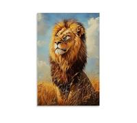 NPEJLCIGH Animal Oil Painting - Majestic Lion in Golden Savannah- A Regal Portrait of The King of Beasts with Sunlit Mane Modern Hanging Wall Decor - Artistic Mural Print20x30inch(50x75cm)