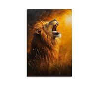NPEJLCIGH Animal Oil Painting - Majestic Lion in Golden Savannah Light, Roaring with Power And Grace Under The Setting Sun Modern Hanging Wall Decor - Artistic Mural Print20x30inch(50x75cm)