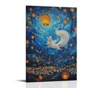 NPEJLCIGH Animal Oil Painting Mystic Nine-Tailed Fox Dances Beneath The Lantern-Lit Sky of An Eastern Festival Modern Hanging Wall Decor - Artistic Mural Print20x30inch(50x75cm)