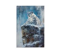 NPEJLCIGH Animal Oil Painting - Mystical Snow Leopard Perched on Mountain Cliff, Icy Blue Tones And Textured Fur Details Modern Hanging Wall Decor - Artistic Mural Print08x12inch(20x30cm)