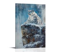 NPEJLCIGH Animal Oil Painting - Mystical Snow Leopard Perched on Mountain Cliff, Icy Blue Tones And Textured Fur Details Modern Hanging Wall Decor - Artistic Mural Print08x12inch(20x30cm)
