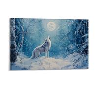 NPEJLCIGH Animal Oil Painting - Mystical Wolf Howling at Full Moon in Snowy Forest with Ethereal Blue Tones Modern Hanging Wall Decor - Artistic Mural Print12x18inch(30x45cm)