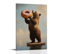 NPEJLCIGH Animal Oil Painting of A Bear Dunking A Giant Donut Into Coffee While Standing on One Leg, Mid-balancing Act. Modern Hanging Wall Decor - Artistic Mural Print12x18inch(30x45cm)