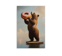 NPEJLCIGH Animal Oil Painting of A Bear Dunking A Giant Donut Into Coffee While Standing on One Leg, Mid-balancing Act. Modern Hanging Wall Decor - Artistic Mural Print24x36inch(60x90cm)