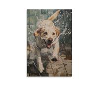 NPEJLCIGH Animal Oil Painting of A Dog Chasing after Runaway Soap Across Wet Bathroom Tiles. Modern Hanging Wall Decor - Artistic Mural Print08x12inch(20x30cm)