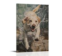 NPEJLCIGH Animal Oil Painting of A Dog Chasing after Runaway Soap Across Wet Bathroom Tiles. Modern Hanging Wall Decor - Artistic Mural Print24x36inch(60x90cm)