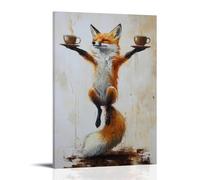 NPEJLCIGH Animal Oil Painting of A Fox Balancing Espresso Cups on Its Tail While Striking Yoga Poses. Modern Hanging Wall Decor - Artistic Mural Print16x24inch(40x60cm)