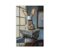 NPEJLCIGH Animal Oil Painting of A Rabbit Balancing A Coffee Mug on Its Head While Reading The Business Section in A Sunny Café. Modern Hanging Wall Decor - Artistic Mural Print16x24inch(40x60cm)