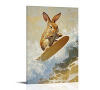 NPEJLCIGH Animal Oil Painting of A Rabbit Skimboarding Across Shoreline Foam over Sandy Cream Backdrop. Modern Hanging Wall Decor - Artistic Mural Print08x12inch(20x30cm)