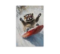 NPEJLCIGH Animal Oil Painting of A Raccoon Gliding Downhill on Sled, Goggles On, Arms Raised in Joy. Modern Hanging Wall Decor - Artistic Mural Print12x18inch(30x45cm)