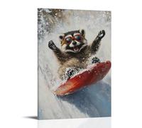 NPEJLCIGH Animal Oil Painting of A Raccoon Gliding Downhill on Sled, Goggles On, Arms Raised in Joy. Modern Hanging Wall Decor - Artistic Mural Print24x36inch(60x90cm)