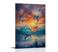 NPEJLCIGH Animal Oil Painting - Playful Dolphins Dancing in Turquoise Ocean Waves at Sunset Modern Hanging Wall Decor - Artistic Mural Print20x30inch(50x75cm)