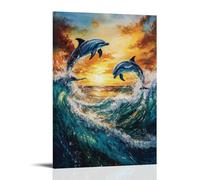NPEJLCIGH Animal Oil Painting - Playful Dolphins Dancing through Turquoise Ocean Waves at Sunset Modern Hanging Wall Decor - Artistic Mural Print08x12inch(20x30cm)