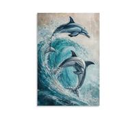NPEJLCIGH Animal Oil Painting - Playful Dolphins Dancing Through Turquoise Waves, Capturing The Joy of Ocean Life Modern Hanging Wall Decor - Artistic Mural Print12x18inch(30x45cm)