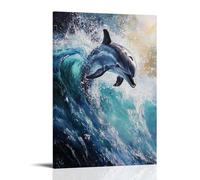 NPEJLCIGH Animal Oil Painting - Playful Dolphins Leaping Through Turquoise Waves, Sunlight Dancing on Their Sleek Bodies Modern Hanging Wall Decor - Artistic Mural Print20x30inch(50x75cm)