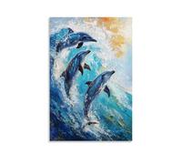 NPEJLCIGH Animal Oil Painting - Playful Dolphins Leaping through Turquoise Waves, Sunlight Dancing on Wet Skin, Impressionist Style Modern Hanging Wall Decor - Artistic Mural Print16x24inch(40x60cm)