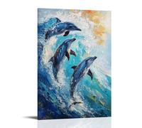 NPEJLCIGH Animal Oil Painting - Playful Dolphins Leaping through Turquoise Waves, Sunlight Dancing on Wet Skin, Impressionist Style Modern Hanging Wall Decor - Artistic Mural Print24x36inch(60x90cm)