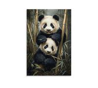 NPEJLCIGH Animal Oil Painting - Playful Panda Cubs Tumbling Among Bamboo Forest in Soft Morning Light Modern Hanging Wall Decor - Artistic Mural Print20x30inch(50x75cm)