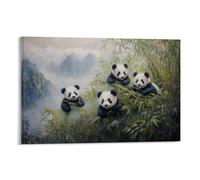 NPEJLCIGH Animal Oil Painting - Playful Panda Cubs Tumbling Among Bamboo in Misty Mountain Forest Modern Hanging Wall Decor - Artistic Mural Print24x36inch(60x90cm)