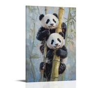 NPEJLCIGH Animal Oil Painting - Playful Panda Cubs Tumbling Among Bamboo in Soft Morning Light Modern Hanging Wall Decor - Artistic Mural Print24x36inch(60x90cm)