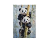 NPEJLCIGH Animal Oil Painting - Playful Panda Cubs Tumbling Among Bamboo in Soft Morning Light Modern Hanging Wall Decor - Artistic Mural Print08x12inch(20x30cm)