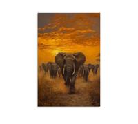 NPEJLCIGH Animal Oil Painting - Regal Elephant Herd Crossing Dusty African Plains at Golden Hour Modern Hanging Wall Decor - Artistic Mural Print08x12inch(20x30cm)