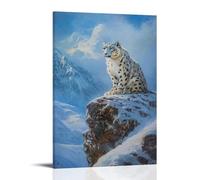 NPEJLCIGH Animal Oil Painting - Snow Leopard Perched on Mountain Cliff with Icy Blue Background Modern Hanging Wall Decor - Artistic Mural Print08x12inch(20x30cm)