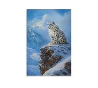 NPEJLCIGH Animal Oil Painting - Snow Leopard Perched on Mountain Cliff with Icy Blue Background Modern Hanging Wall Decor - Artistic Mural Print20x30inch(50x75cm)