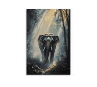 NPEJLCIGH Animal Oil Painting - Wise Old Elephant Walking Through Misty Jungle with Sunbeams Filtering Modern Hanging Wall Decor - Artistic Mural Print24x36inch(60x90cm)