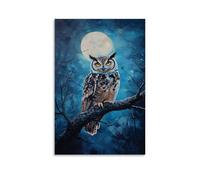 NPEJLCIGH Animal Oil Painting - Wise Old Owl Perched on Moonlit Branch, Eyes Glowing with Mystery Modern Hanging Wall Decor - Artistic Mural Print24x36inch(60x90cm)