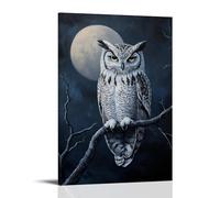 NPEJLCIGH Animal Oil Painting - Wise Old Owl Perched on Moonlit Branch with Feathers Detailed in Silver Hues Modern Hanging Wall Decor - Artistic Mural Print24x36inch(60x90cm)