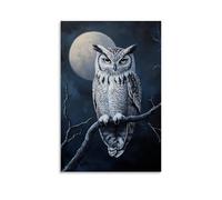 NPEJLCIGH Animal Oil Painting - Wise Old Owl Perched on Moonlit Branch with Feathers Detailed in Silver Hues Modern Hanging Wall Decor - Artistic Mural Print24x36inch(60x90cm)