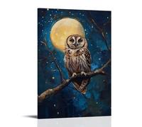 NPEJLCIGH Animal Oil Painting - Wise Old Owl Perched on Moonlit Branch with Starry Night Background Modern Hanging Wall Decor - Artistic Mural Print12x18inch(30x45cm)