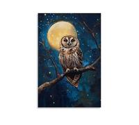 NPEJLCIGH Animal Oil Painting - Wise Old Owl Perched on Moonlit Branch with Starry Night Background Modern Hanging Wall Decor - Artistic Mural Print24x36inch(60x90cm)