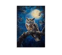 NPEJLCIGH Animal Oil Painting - Wise Old Owl Perched on Moonlit Oak Branch with Starry Background Modern Hanging Wall Decor - Artistic Mural Print24x36inch(60x90cm)